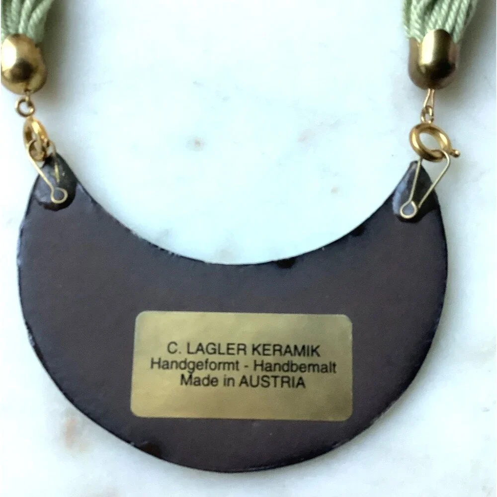 Vintage Ceramic Necklace Bib Statement Handmade in Austria Black Green Gold